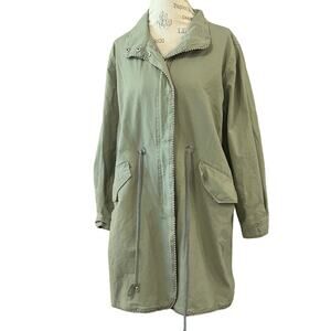 Beulah style army green military jacket silver pearl beaded trim full zip sz M